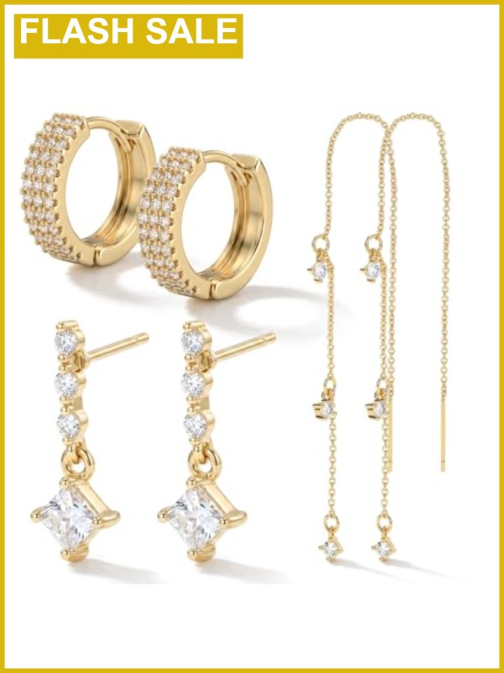 3 Pair Dangle Earrings Set 14K Gold Plated Threader Hoop CZ Drop Earrings for